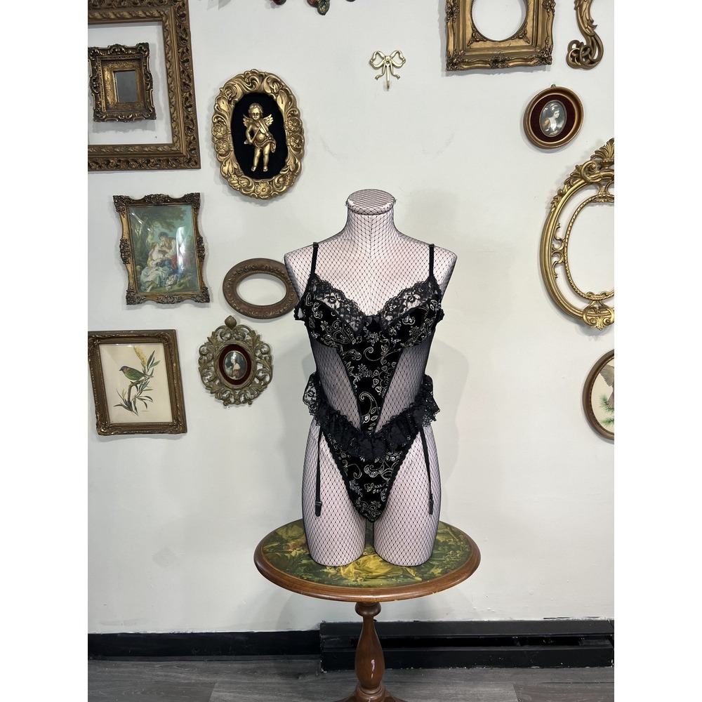 Risque Vintage Black Velvet Gold Paisley Lace Basque Teddy Medium Large